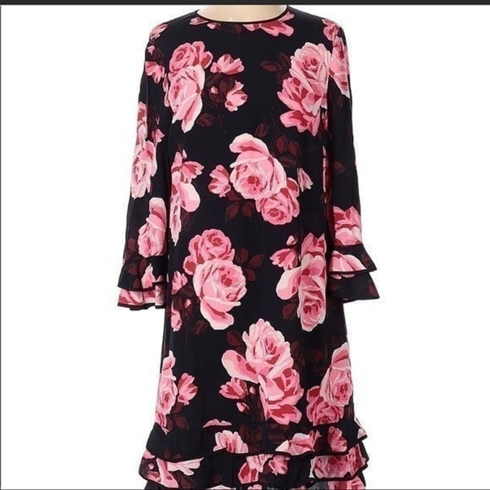 Kate Spade Roses Dress Size XS Black Pink Floral Fit Flare Cocktail Party